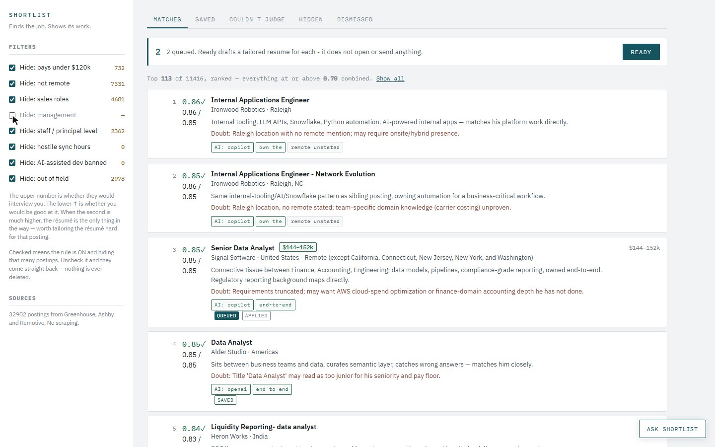 A filter rule unchecked in the left rail; the list count has changed and the hidden postings are back.